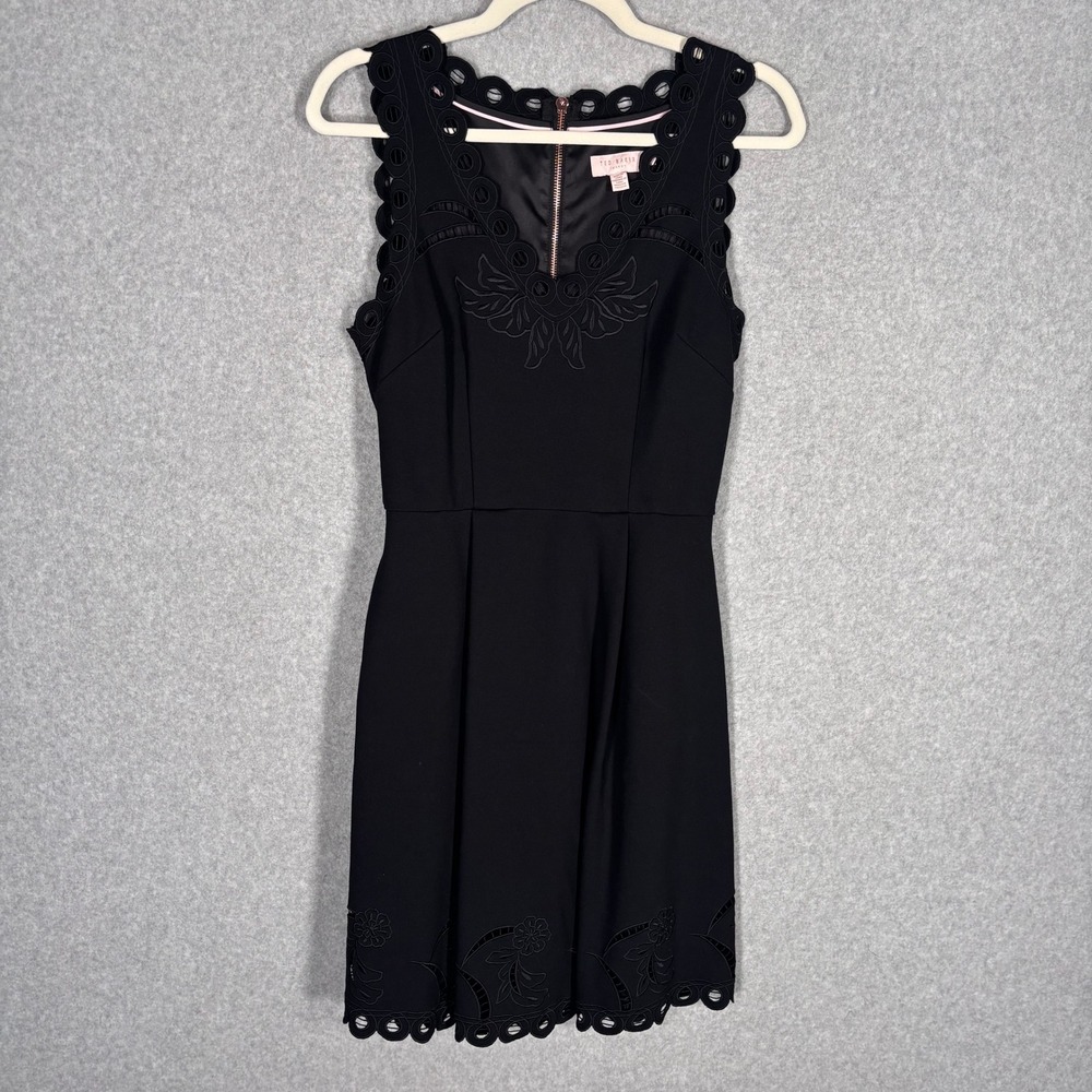 Ted Baker Emalise Dress Small 1 Scalloped Eyelet Embroidered Pockets Rose Gold